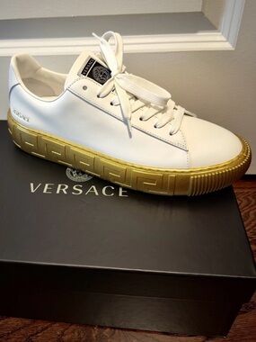 Versace White Leather Low-Top Sneakers with Gold Sole